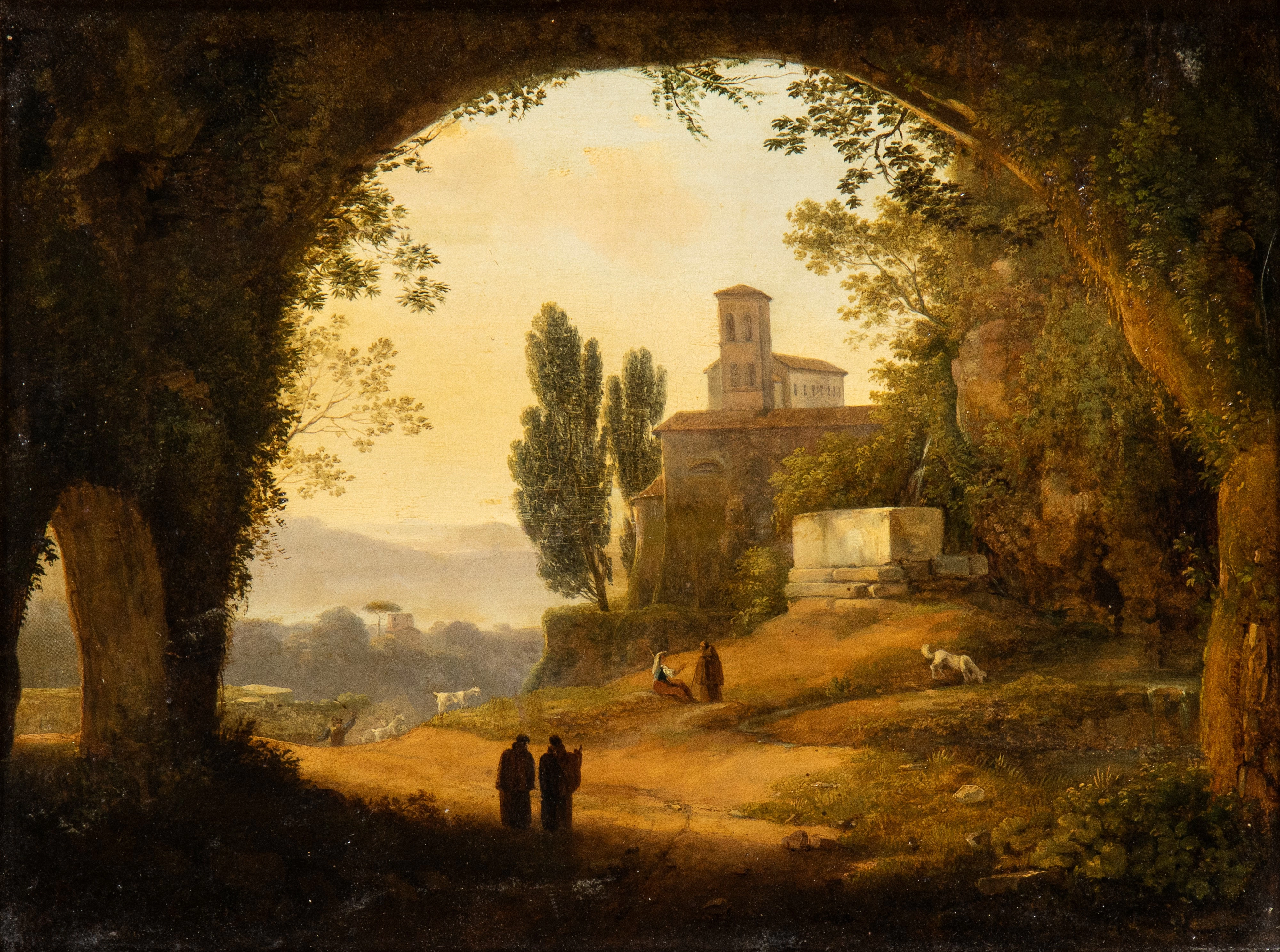 Paesaggio laziale con grotta, due frati e complesso monastico sullo sfondo - Collezione Andrea Emiliani, Bologna